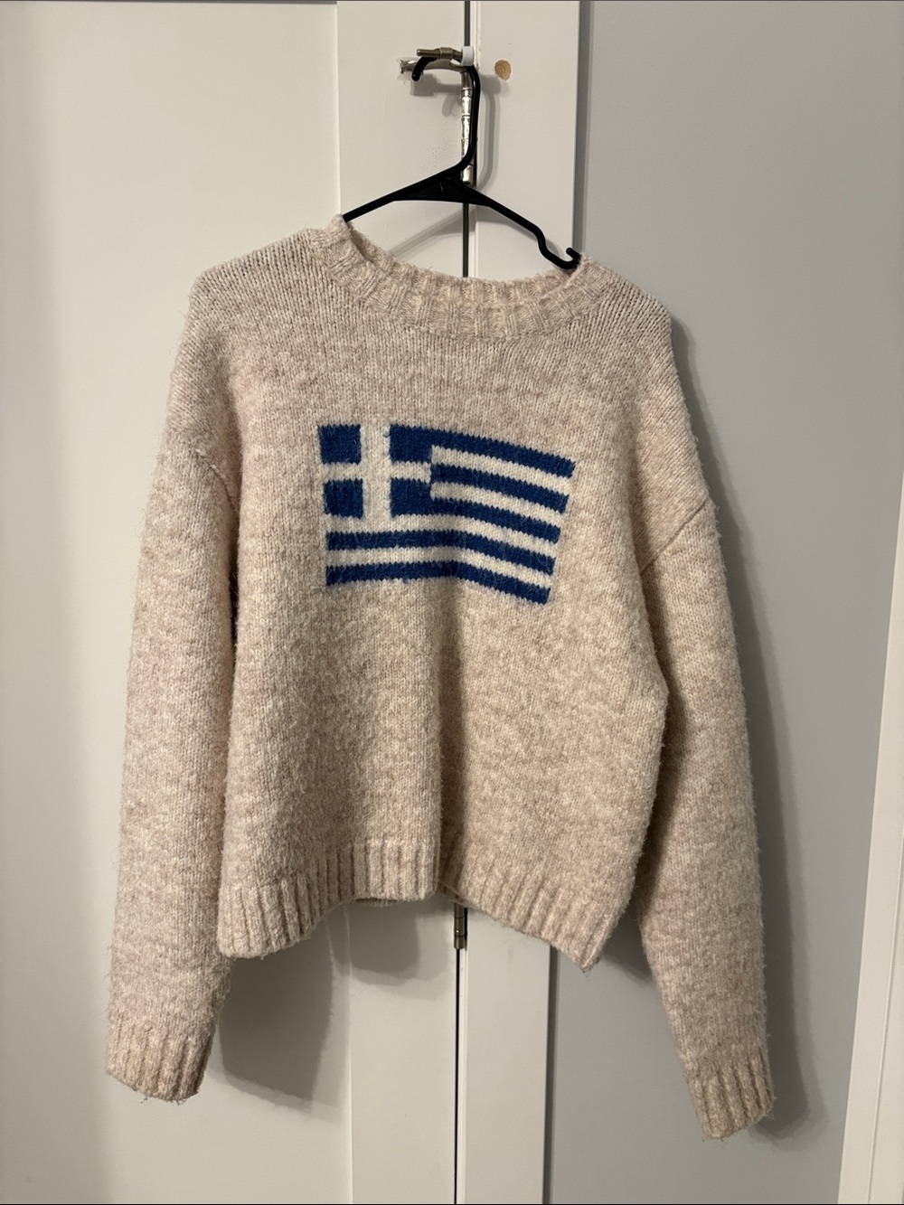 Cream Crewneck Sweater with Greek Flag Graphic